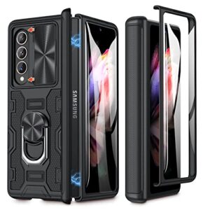 caka for z fold 3 case, galaxy z fold 3 case with slide camera lens cover, built-in kickstand ring holder tempered glass screen protector, magnetic case for samsung z fold 3 5g (black)