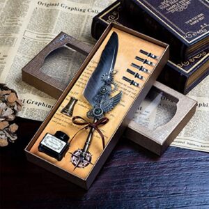 Retro Feather Pen Set Antique Calligraphy Dip Pen with Ink 5 Different Replacement Nibs Pen Stand for Boys Girls Writing