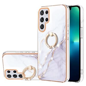 dinglijia for samsung galaxy s22 ultra case, soft tpu + imd marble pattern shiny ring kickstand case for girls and women, camera and screen protection case for samsung galaxy s22 ultra bkzh white