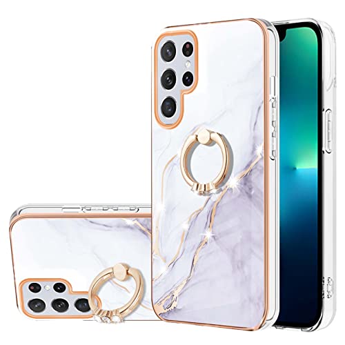 Dinglijia for Samsung Galaxy S22 Ultra Case, Soft TPU + IMD Marble Pattern Shiny Ring Kickstand Case for Girls and Women, Camera and Screen Protection Case for Samsung Galaxy S22 Ultra BKZH White