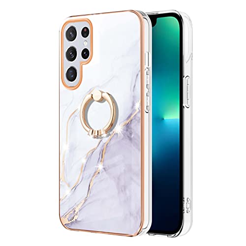 Dinglijia for Samsung Galaxy S22 Ultra Case, Soft TPU + IMD Marble Pattern Shiny Ring Kickstand Case for Girls and Women, Camera and Screen Protection Case for Samsung Galaxy S22 Ultra BKZH White