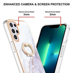 Dinglijia for Samsung Galaxy S22 Ultra Case, Soft TPU + IMD Marble Pattern Shiny Ring Kickstand Case for Girls and Women, Camera and Screen Protection Case for Samsung Galaxy S22 Ultra BKZH White