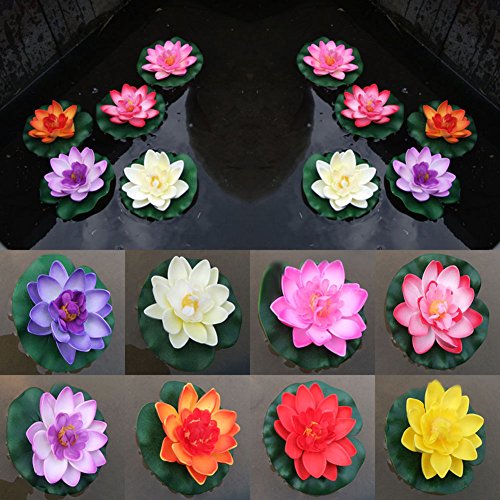 Artificial Floating Foam Lotus Flower with Water Lilys Pad Ornanments, Lifelikes Fake Lotus Flowers for Patio Pond Pool Fish Tank Aquarium Home Garden Wedding Party Special Event Decoration Milk Whi