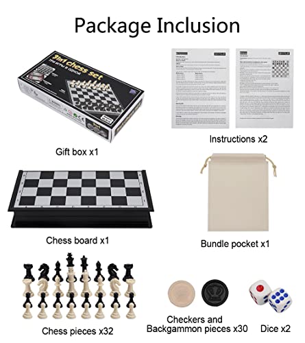 KAILE 10" Magnetic Chess Sets - 3 in 1 Travel Chess Checkers Backgammon Set with Folding Case - Portable Elastic Bag…, 2 players