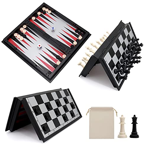 KAILE 10" Magnetic Chess Sets - 3 in 1 Travel Chess Checkers Backgammon Set with Folding Case - Portable Elastic Bag…, 2 players