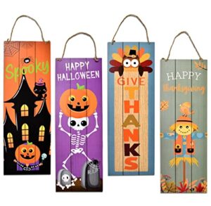 thanksgiving fall welcome sign set of 2 for front door wall signs hanging wood double sided spooky & happy halloween indoor outdoor harvest decoration autumn porch & yard party supplies decor 17"x 6"