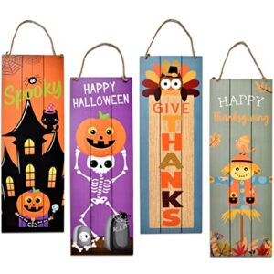 Thanksgiving Fall Welcome Sign Set of 2 for Front Door Wall Signs Hanging Wood Double Sided Spooky & Happy Halloween Indoor Outdoor Harvest Decoration Autumn Porch & Yard Party Supplies Decor 17"x 6"