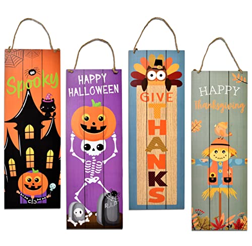 Thanksgiving Fall Welcome Sign Set of 2 for Front Door Wall Signs Hanging Wood Double Sided Spooky & Happy Halloween Indoor Outdoor Harvest Decoration Autumn Porch & Yard Party Supplies Decor 17"x 6"