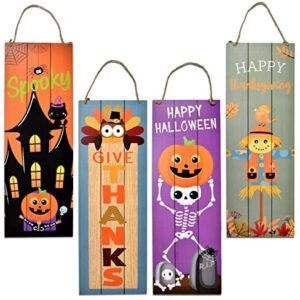 Thanksgiving Fall Welcome Sign Set of 2 for Front Door Wall Signs Hanging Wood Double Sided Spooky & Happy Halloween Indoor Outdoor Harvest Decoration Autumn Porch & Yard Party Supplies Decor 17"x 6"