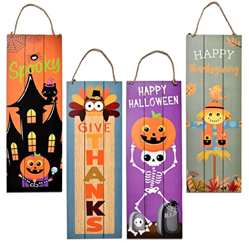 Thanksgiving Fall Welcome Sign Set of 2 for Front Door Wall Signs Hanging Wood Double Sided Spooky & Happy Halloween Indoor Outdoor Harvest Decoration Autumn Porch & Yard Party Supplies Decor 17"x 6"