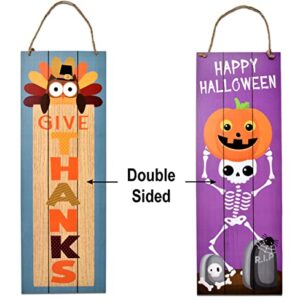 Thanksgiving Fall Welcome Sign Set of 2 for Front Door Wall Signs Hanging Wood Double Sided Spooky & Happy Halloween Indoor Outdoor Harvest Decoration Autumn Porch & Yard Party Supplies Decor 17"x 6"