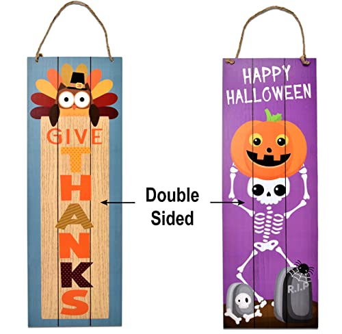 Thanksgiving Fall Welcome Sign Set of 2 for Front Door Wall Signs Hanging Wood Double Sided Spooky & Happy Halloween Indoor Outdoor Harvest Decoration Autumn Porch & Yard Party Supplies Decor 17"x 6"