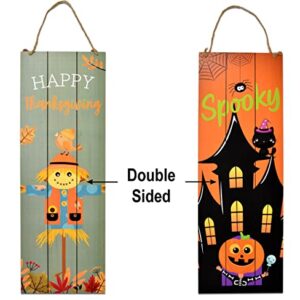 Thanksgiving Fall Welcome Sign Set of 2 for Front Door Wall Signs Hanging Wood Double Sided Spooky & Happy Halloween Indoor Outdoor Harvest Decoration Autumn Porch & Yard Party Supplies Decor 17"x 6"