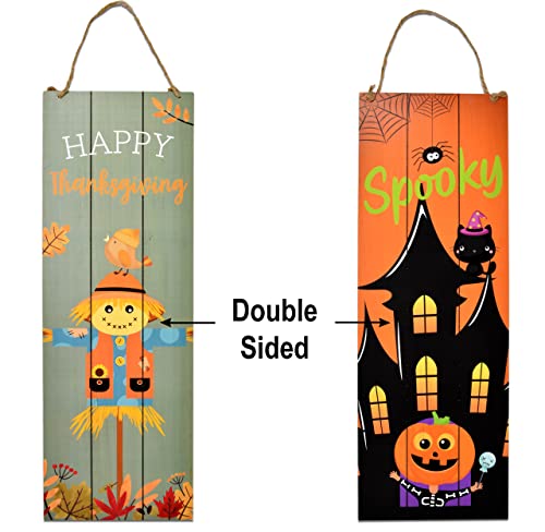 Thanksgiving Fall Welcome Sign Set of 2 for Front Door Wall Signs Hanging Wood Double Sided Spooky & Happy Halloween Indoor Outdoor Harvest Decoration Autumn Porch & Yard Party Supplies Decor 17"x 6"