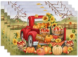 fall pumpkin placemats for dining table, 12 x 18 inch farm apples sunflower truck autumn thanksgiving seasonal holiday decoration rustic washable table mats set of 4