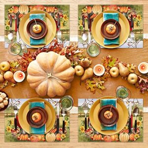 Fall Pumpkin Placemats for Dining Table, 12 x 18 Inch Farm Apples Sunflower Truck Autumn Thanksgiving Seasonal Holiday Decoration Rustic Washable Table Mats Set of 4