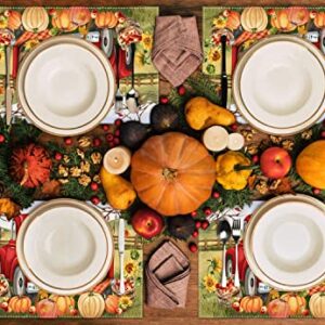 Fall Pumpkin Placemats for Dining Table, 12 x 18 Inch Farm Apples Sunflower Truck Autumn Thanksgiving Seasonal Holiday Decoration Rustic Washable Table Mats Set of 4