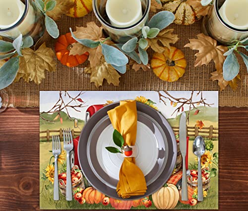 Fall Pumpkin Placemats for Dining Table, 12 x 18 Inch Farm Apples Sunflower Truck Autumn Thanksgiving Seasonal Holiday Decoration Rustic Washable Table Mats Set of 4