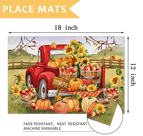 Fall Pumpkin Placemats for Dining Table, 12 x 18 Inch Farm Apples Sunflower Truck Autumn Thanksgiving Seasonal Holiday Decoration Rustic Washable Table Mats Set of 4