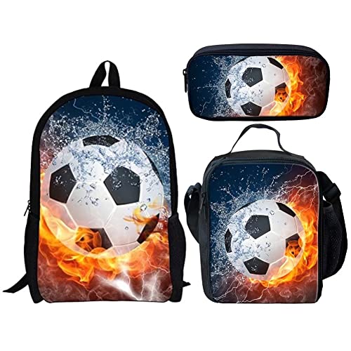 Printpub Football Design Backpack 3 Piece Set School Bag Bookbag with Lunch Box and Pencil Case Set for Boys Girls