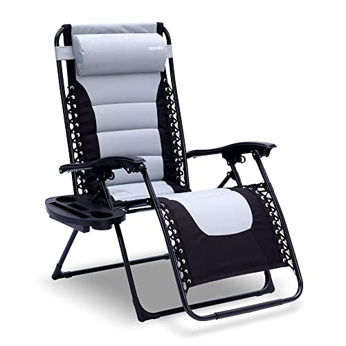 SereneLife, Gray and Black Foldable Outdoor Zero Gravity Padded Lawn Chair, Adjustable Steel Mesh Recliners, w/Removable Pillows and Cup Holder Side Tables, One Size