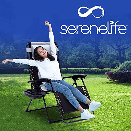 SereneLife, Gray and Black Foldable Outdoor Zero Gravity Padded Lawn Chair, Adjustable Steel Mesh Recliners, w/Removable Pillows and Cup Holder Side Tables, One Size