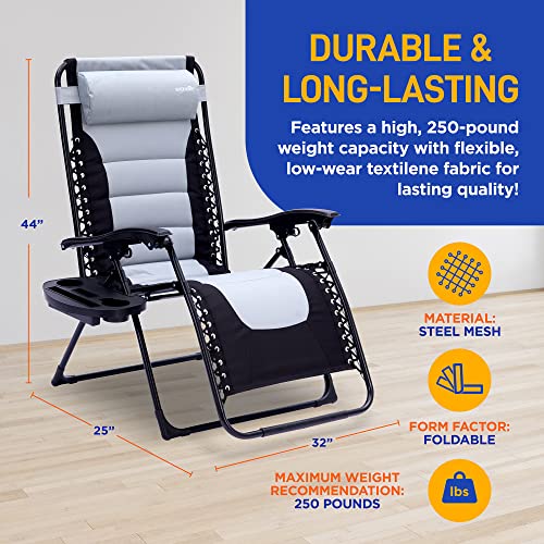 SereneLife, Gray and Black Foldable Outdoor Zero Gravity Padded Lawn Chair, Adjustable Steel Mesh Recliners, w/Removable Pillows and Cup Holder Side Tables, One Size