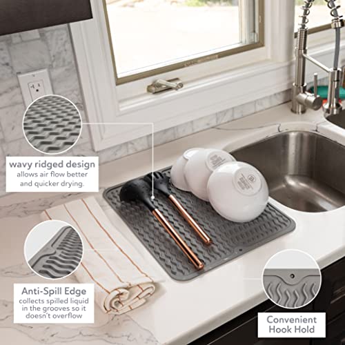 Silicone Dish Drying Mat - Drain Hole, Non-Slip, Heat Resistant, Foldable. Great for Dishes, Kitchen Sink, Counter Top, Fridge Drawer Liner or Trivet for Hot Pots. (12" X 16" | Grey)