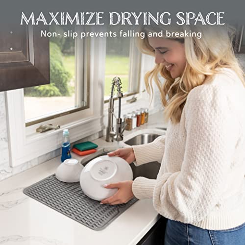 Silicone Dish Drying Mat - Drain Hole, Non-Slip, Heat Resistant, Foldable. Great for Dishes, Kitchen Sink, Counter Top, Fridge Drawer Liner or Trivet for Hot Pots. (12" X 16" | Grey)