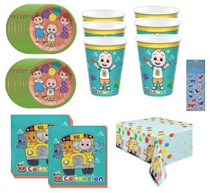amscan cocomelon birthday party supplies bundle pack includes 16 dessert plates, 16 lunch napkins, 16 paper cups, 1 plastic table cover (bundle for 16)