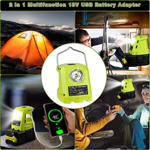 P743 USB Battery Adapter Portable Power Source with 420LM LED Work Light with Hook,Dual USB Phone Charger,Multifunction USB Adaptor Compatible with Ryobi 18V One+ Lithium-ion Battery P107 P108