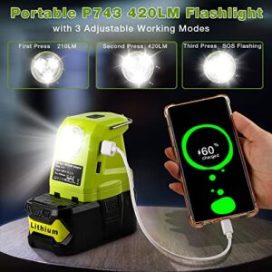 P743 USB Battery Adapter Portable Power Source with 420LM LED Work Light with Hook,Dual USB Phone Charger,Multifunction USB Adaptor Compatible with Ryobi 18V One+ Lithium-ion Battery P107 P108