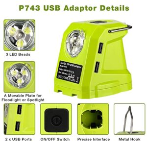 P743 USB Battery Adapter Portable Power Source with 420LM LED Work Light with Hook,Dual USB Phone Charger,Multifunction USB Adaptor Compatible with Ryobi 18V One+ Lithium-ion Battery P107 P108