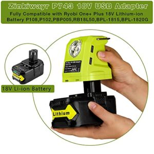 P743 USB Battery Adapter Portable Power Source with 420LM LED Work Light with Hook,Dual USB Phone Charger,Multifunction USB Adaptor Compatible with Ryobi 18V One+ Lithium-ion Battery P107 P108