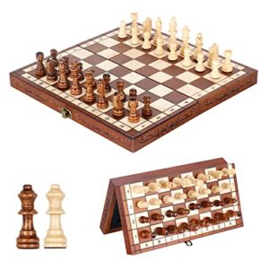 syrace magnetic chess set board games, wooden folding hand crafted portable travel chess board game sets with game pieces & storage slots