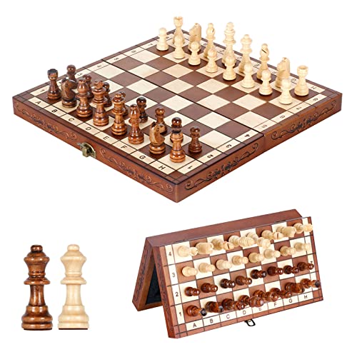 Syrace Magnetic Chess Set Board Games, Wooden Folding Hand Crafted Portable Travel Chess Board Game Sets with Game Pieces & Storage Slots