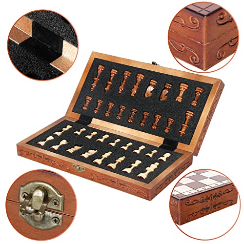 Syrace Magnetic Chess Set Board Games, Wooden Folding Hand Crafted Portable Travel Chess Board Game Sets with Game Pieces & Storage Slots