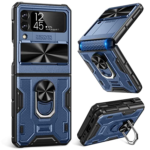 Caka for Samsung Galaxy Z Flip 3 Case, Z Flip 3 Case with Kickstand, Camera Cover & Hinge Protection with Built-in 360°Rotate Ring Stand Magnetic Protective Phone Case for Galaxy Z Flip 3 -Blue