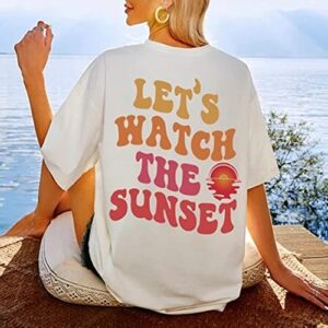 MISSACTIVER Women Summer Sun Letter Graphic Print T Shirt Oversized Crewneck Short Sleeve Drop Shoulder Tee Blouse Tops(Large,White)