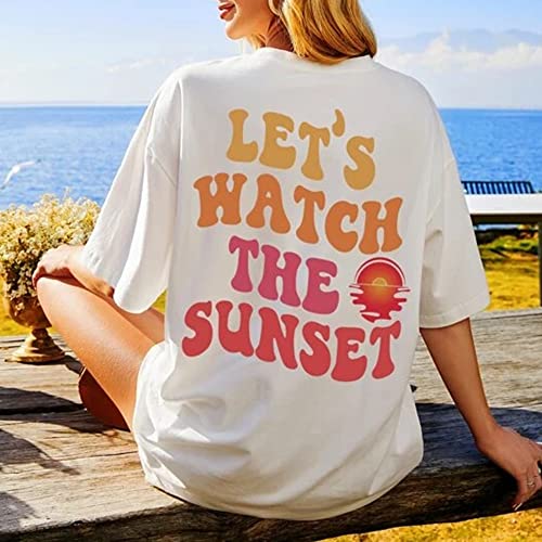 MISSACTIVER Women Summer Sun Letter Graphic Print T Shirt Oversized Crewneck Short Sleeve Drop Shoulder Tee Blouse Tops(Large,White)