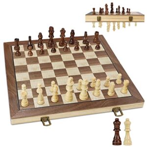 leap magnetic wooden chess sets 15 inch foldable chess board 3 inch king height chess pieces travel chess sets, chess board set with 2 extra pieces and storage slots for kids, adults