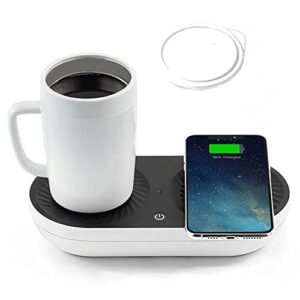 paltier coffee mug warmer, drink cooler with wireless charger for desk, cup warming, cooling and phone charging 3 in 1 for home office gift