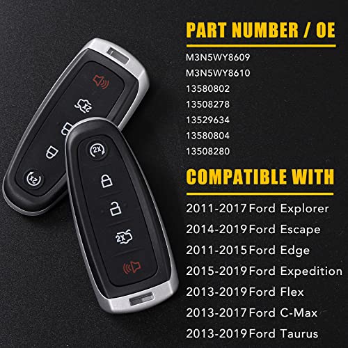 Smart Key Fob Replacement Fit for 2011-2019 Ford Explorer Escape Edge Expedition Flex C-Max Taurus 2011 2012 2013 2014 2015 2016 2017 2018 2019, 5 Button, #M3N5WY8609 M3N5WY8610 13580802, Set 2