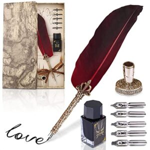 feather quill pen ink set - calligraphy dip pen set fountain pen ink red feather pen display case with inkwell and stand - quill pen set with 5 stainless steel pen nib set for writing paper, letter