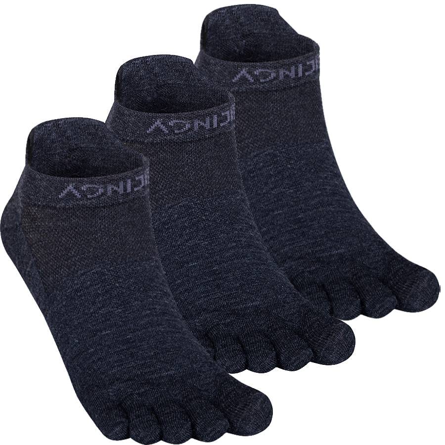 AONIJIE Running Ankle Toe Socks for Men and Women Merino Wool Five Finger Athletic Socks - High Performance and Comfortable (3 Pairs/B: Black,M)