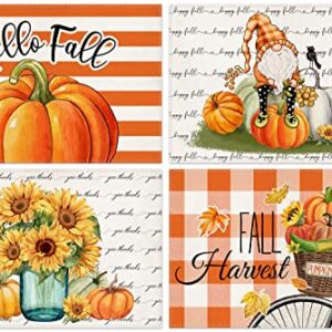 Fall Pumpkin Gnomes Placemats for Dining Table, 12 x 18 Inch Autumn Sunflower Bicycle Thanksgiving Seasonal Holiday Decoration Rustic Washable Table Mats Set of 4