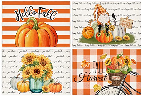 Fall Pumpkin Gnomes Placemats for Dining Table, 12 x 18 Inch Autumn Sunflower Bicycle Thanksgiving Seasonal Holiday Decoration Rustic Washable Table Mats Set of 4