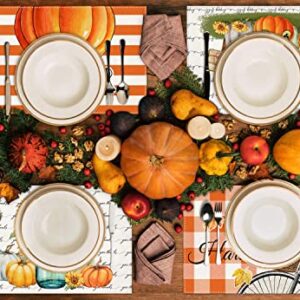 Fall Pumpkin Gnomes Placemats for Dining Table, 12 x 18 Inch Autumn Sunflower Bicycle Thanksgiving Seasonal Holiday Decoration Rustic Washable Table Mats Set of 4