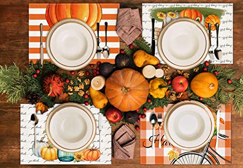 Fall Pumpkin Gnomes Placemats for Dining Table, 12 x 18 Inch Autumn Sunflower Bicycle Thanksgiving Seasonal Holiday Decoration Rustic Washable Table Mats Set of 4