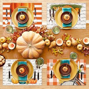 Fall Pumpkin Gnomes Placemats for Dining Table, 12 x 18 Inch Autumn Sunflower Bicycle Thanksgiving Seasonal Holiday Decoration Rustic Washable Table Mats Set of 4